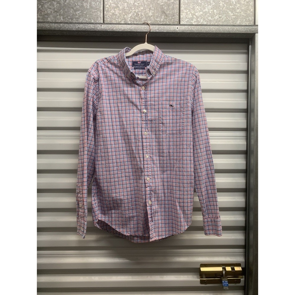 Vineyard Vines Slim Fit Tucker Dress Shirt Blue Pink Plaid Long Sleeve Mens M